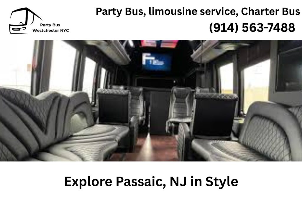 Party bus driving through Passaic NJ near downtown and local attractions