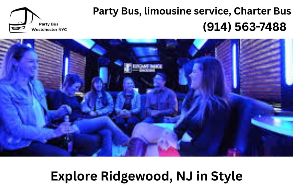 Party bus driving through Ridgewood NJ downtown near shops and restaurants