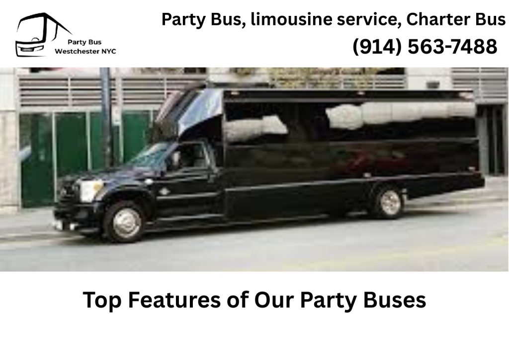 Interior of a Hackensack NJ party bus with LED lights and luxury seating