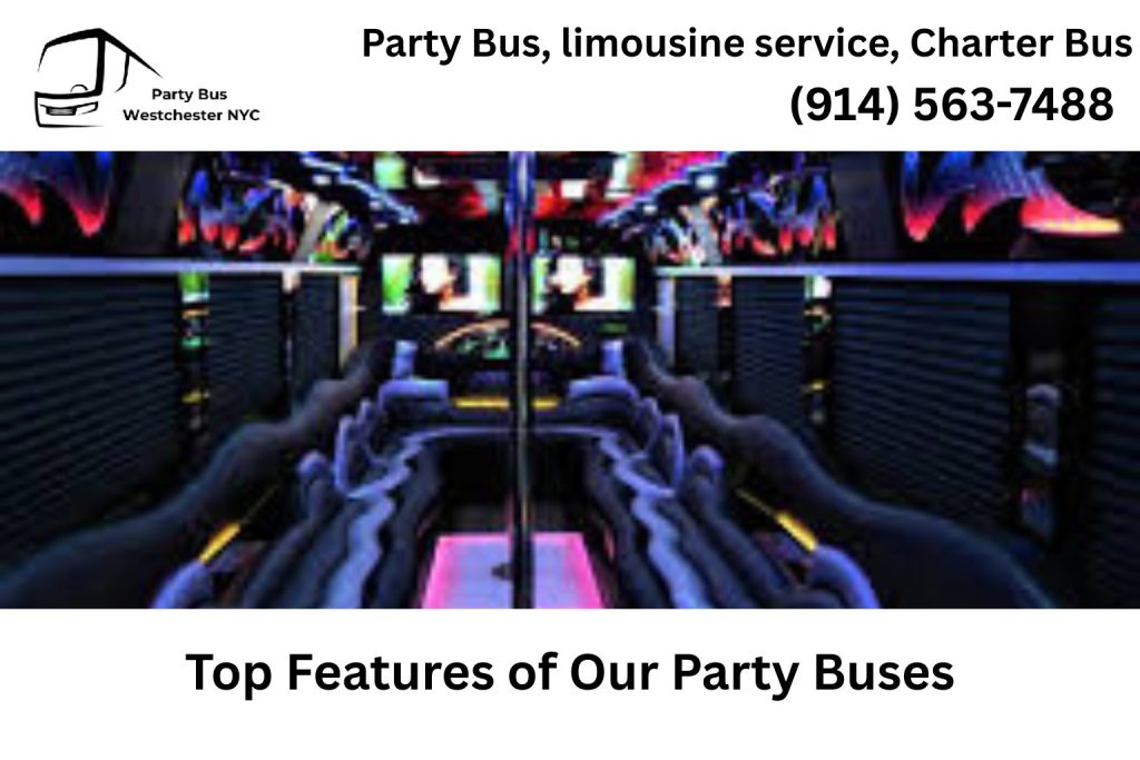 Interior of a Passaic NJ party bus featuring LED lighting and leather seating