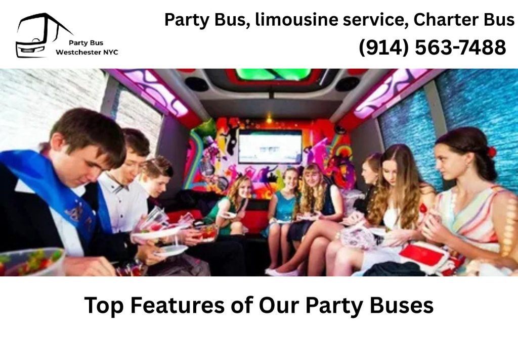 Queens NY party bus interior with LED lights and sound system