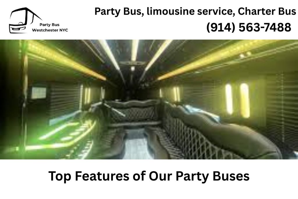 Interior of a Ridgewood NJ party bus with LED lighting and premium leather seating